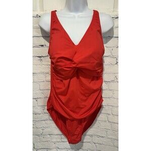 Denim & Co. Beach Twist V-Neck One-Piece with Ruching Red Plus Size 16